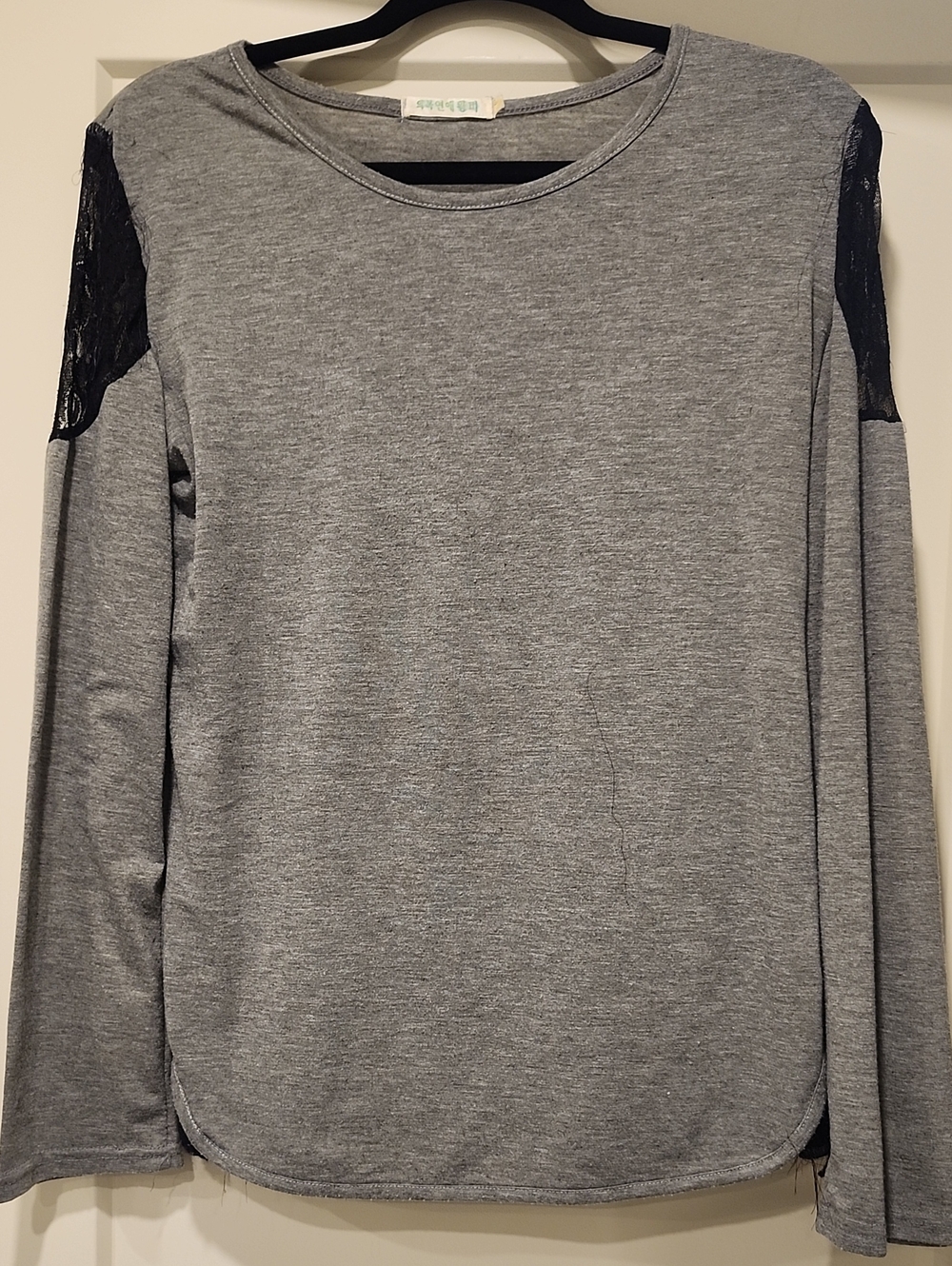 Grey Long Sleeve Top with Black Lace Shoulder Detail